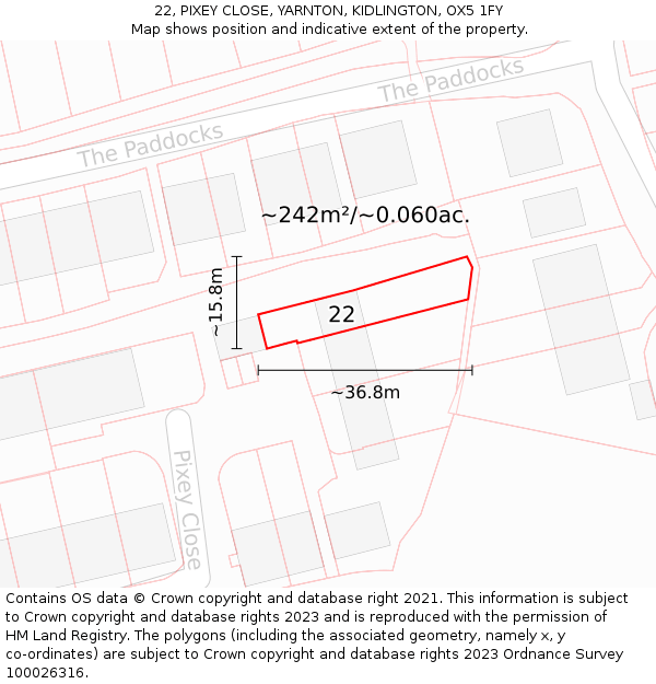 22, PIXEY CLOSE, YARNTON, KIDLINGTON, OX5 1FY: Plot and title map