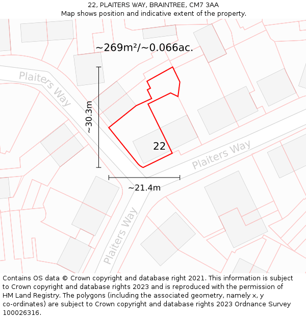 22, PLAITERS WAY, BRAINTREE, CM7 3AA: Plot and title map
