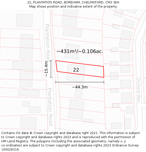22, PLANTATION ROAD, BOREHAM, CHELMSFORD, CM3 3EA: Plot and title map