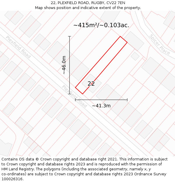 22, PLEXFIELD ROAD, RUGBY, CV22 7EN: Plot and title map