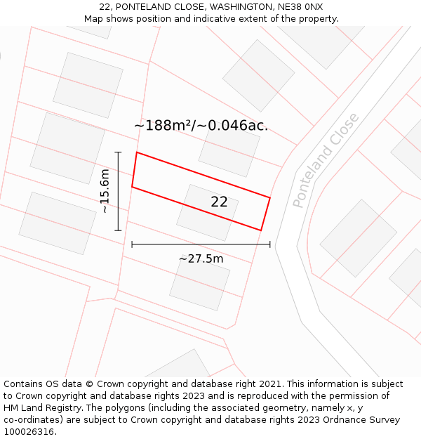 22, PONTELAND CLOSE, WASHINGTON, NE38 0NX: Plot and title map