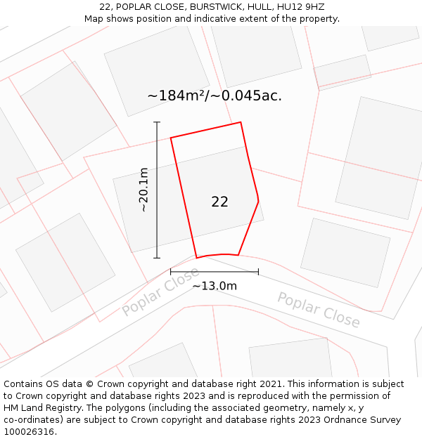 22, POPLAR CLOSE, BURSTWICK, HULL, HU12 9HZ: Plot and title map