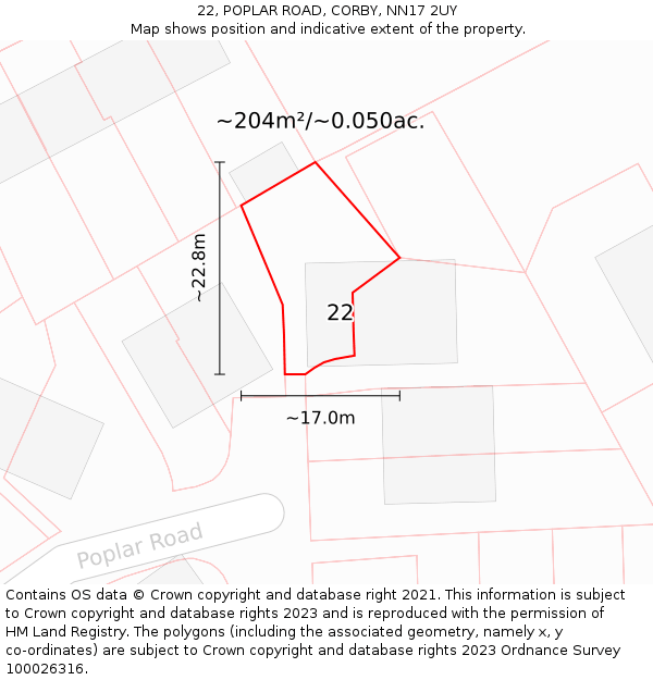 22, POPLAR ROAD, CORBY, NN17 2UY: Plot and title map