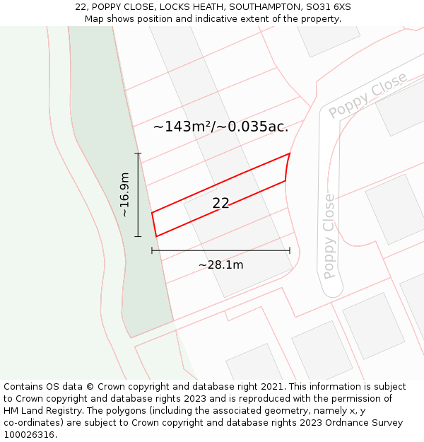 22, POPPY CLOSE, LOCKS HEATH, SOUTHAMPTON, SO31 6XS: Plot and title map