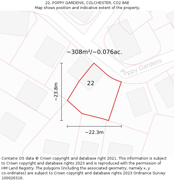 22, POPPY GARDENS, COLCHESTER, CO2 8AE: Plot and title map