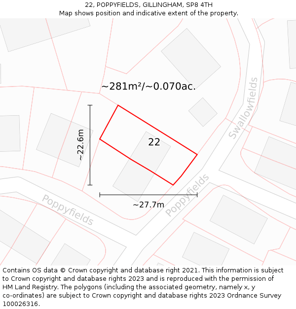22, POPPYFIELDS, GILLINGHAM, SP8 4TH: Plot and title map