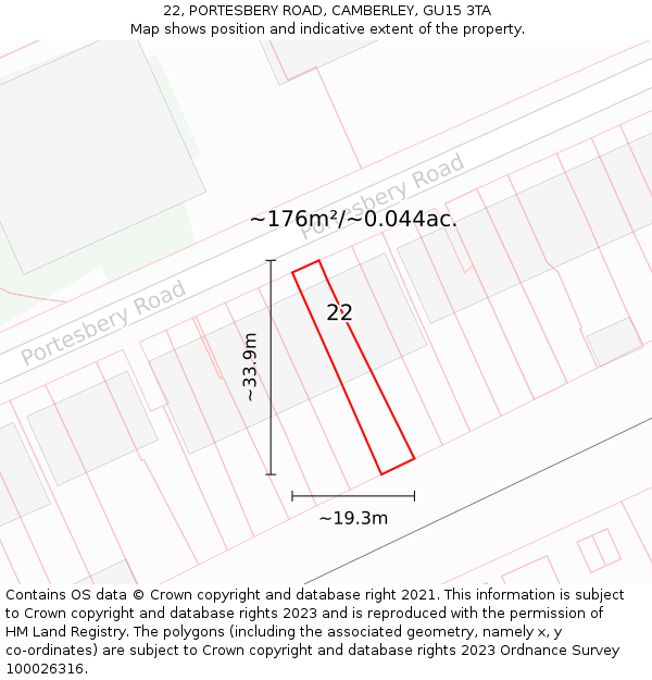 22, PORTESBERY ROAD, CAMBERLEY, GU15 3TA: Plot and title map