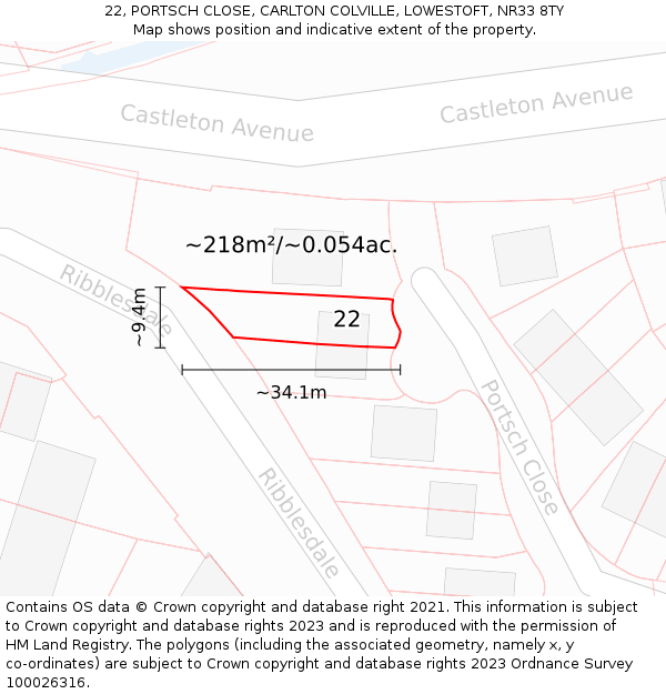 22, PORTSCH CLOSE, CARLTON COLVILLE, LOWESTOFT, NR33 8TY: Plot and title map