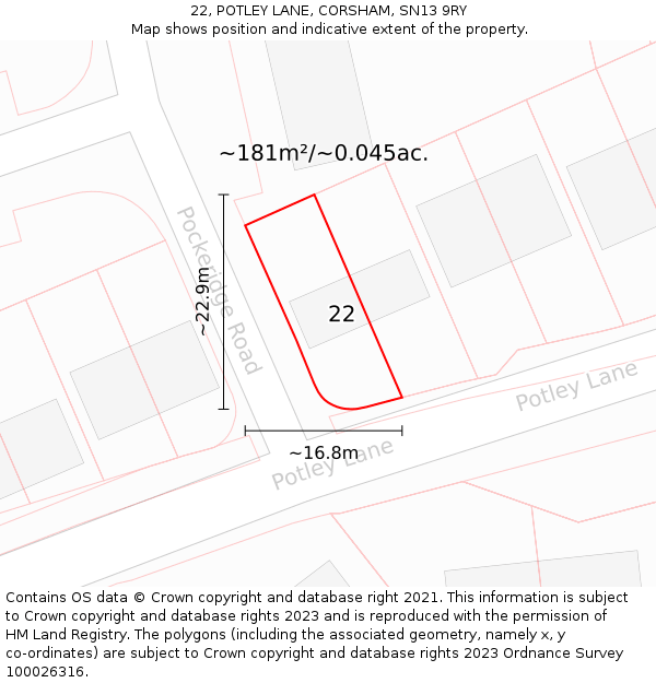 22, POTLEY LANE, CORSHAM, SN13 9RY: Plot and title map