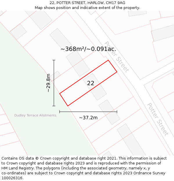 22, POTTER STREET, HARLOW, CM17 9AG: Plot and title map