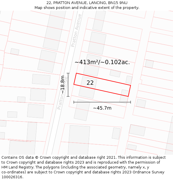 22, PRATTON AVENUE, LANCING, BN15 9NU: Plot and title map