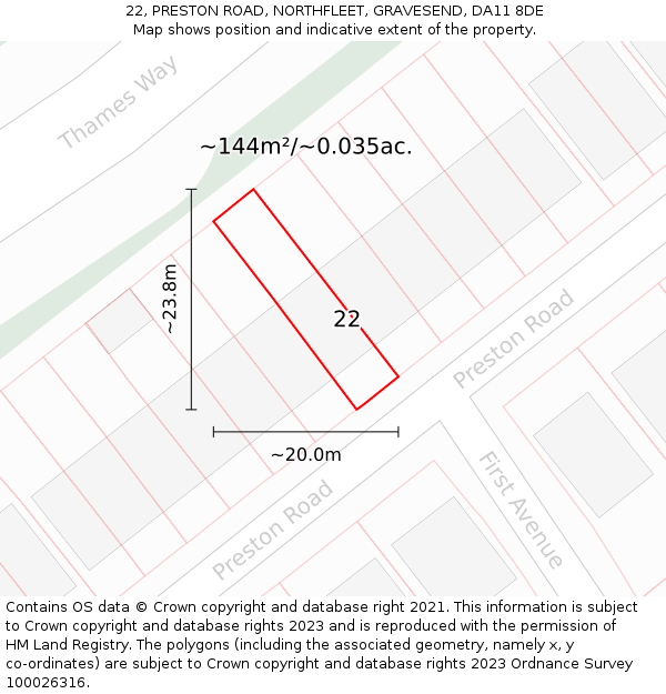 22, PRESTON ROAD, NORTHFLEET, GRAVESEND, DA11 8DE: Plot and title map
