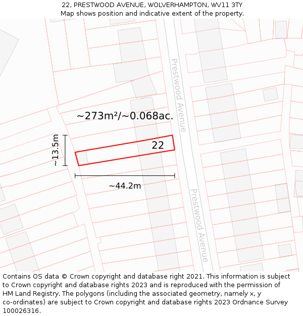 22, PRESTWOOD AVENUE, WOLVERHAMPTON, WV11 3TY: Plot and title map