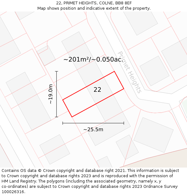 22, PRIMET HEIGHTS, COLNE, BB8 8EF: Plot and title map