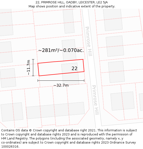 22, PRIMROSE HILL, OADBY, LEICESTER, LE2 5JA: Plot and title map