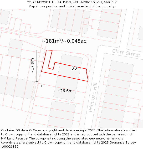 22, PRIMROSE HILL, RAUNDS, WELLINGBOROUGH, NN9 6LY: Plot and title map