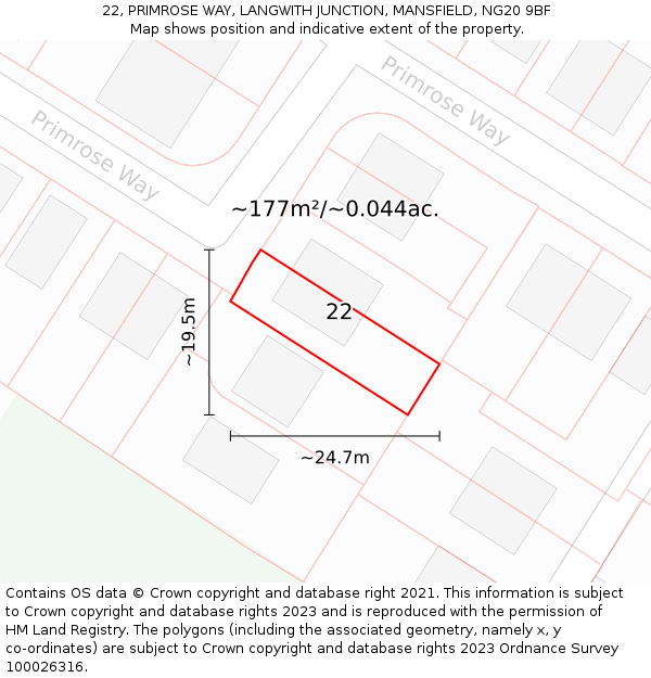 22, PRIMROSE WAY, LANGWITH JUNCTION, MANSFIELD, NG20 9BF: Plot and title map