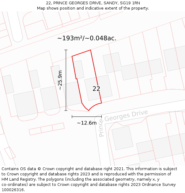 22, PRINCE GEORGES DRIVE, SANDY, SG19 1RN: Plot and title map