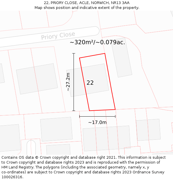 22, PRIORY CLOSE, ACLE, NORWICH, NR13 3AA: Plot and title map