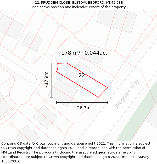 22, PRUDDEN CLOSE, ELSTOW, BEDFORD, MK42 9EB: Plot and title map