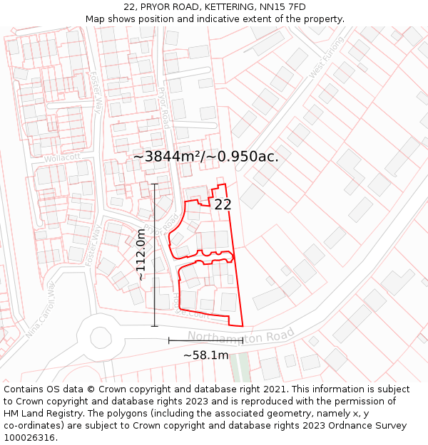 22, PRYOR ROAD, KETTERING, NN15 7FD: Plot and title map