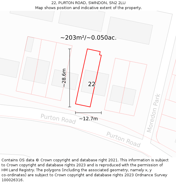 22, PURTON ROAD, SWINDON, SN2 2LU: Plot and title map
