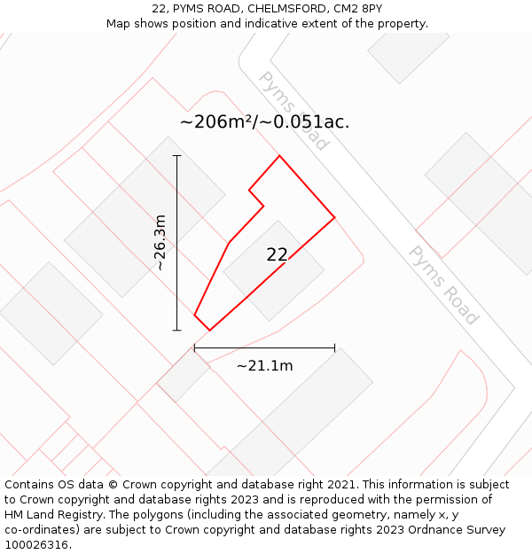 22, PYMS ROAD, CHELMSFORD, CM2 8PY: Plot and title map