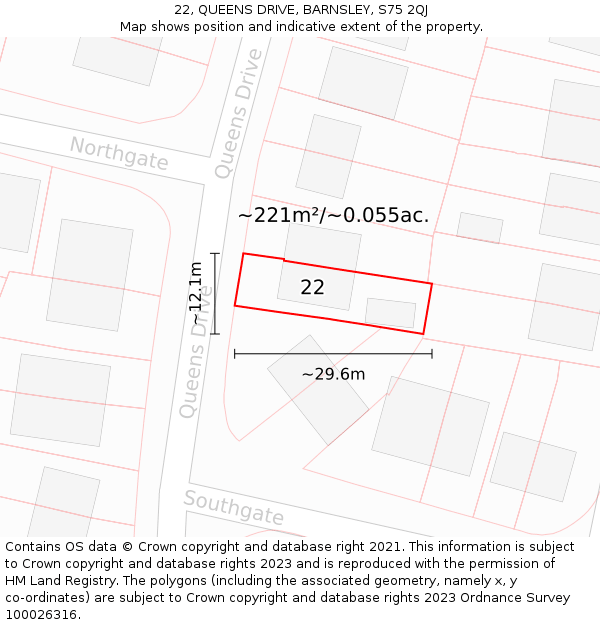 22, QUEENS DRIVE, BARNSLEY, S75 2QJ: Plot and title map