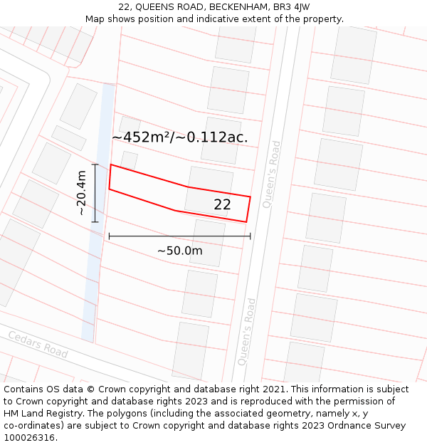 22, QUEENS ROAD, BECKENHAM, BR3 4JW: Plot and title map