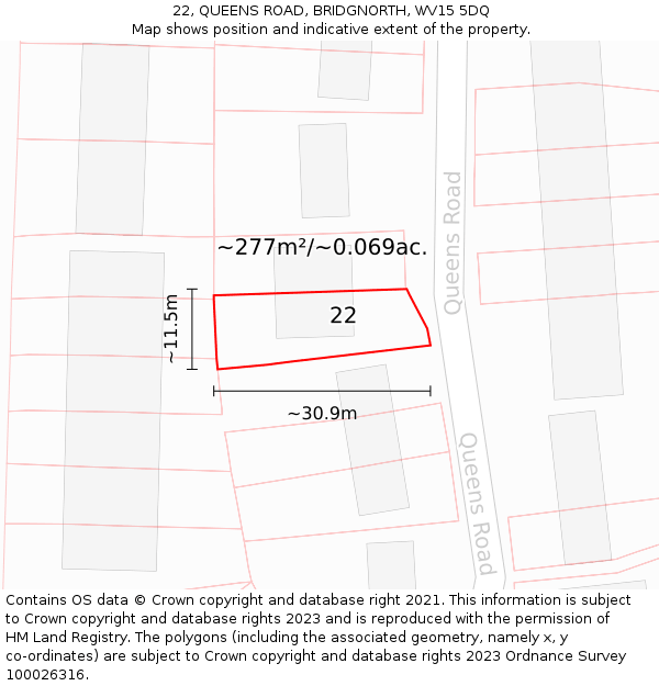 22, QUEENS ROAD, BRIDGNORTH, WV15 5DQ: Plot and title map