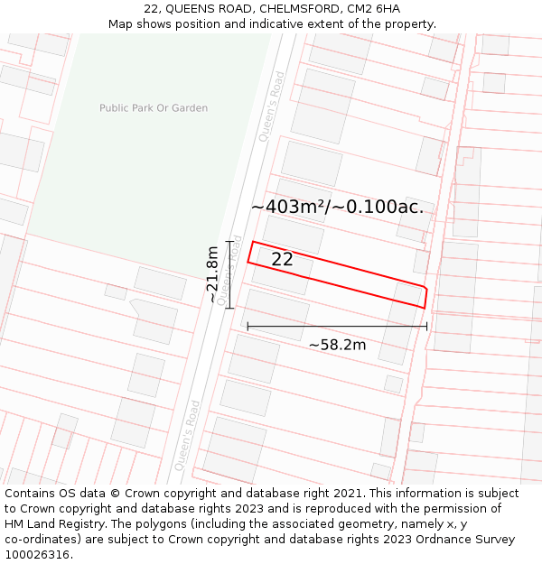 22, QUEENS ROAD, CHELMSFORD, CM2 6HA: Plot and title map