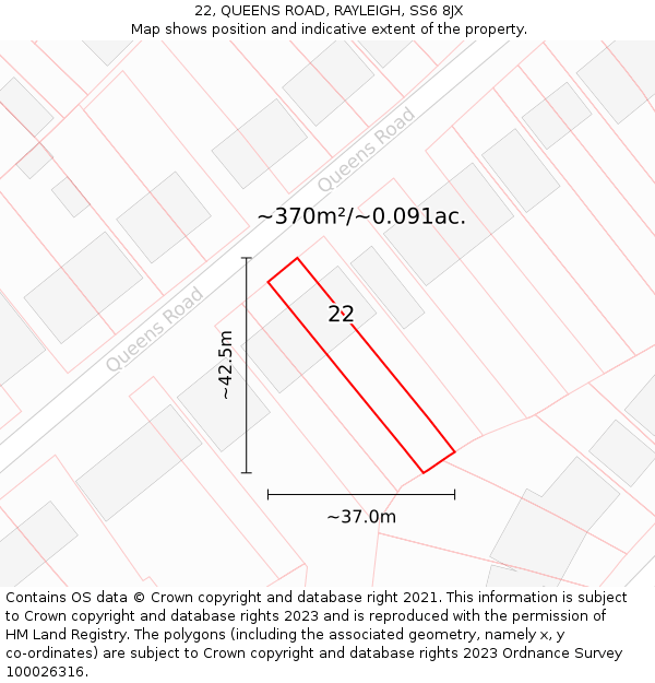 22, QUEENS ROAD, RAYLEIGH, SS6 8JX: Plot and title map