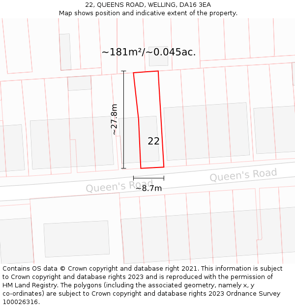 22, QUEENS ROAD, WELLING, DA16 3EA: Plot and title map