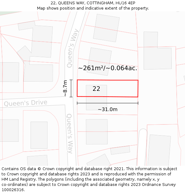 22, QUEENS WAY, COTTINGHAM, HU16 4EP: Plot and title map