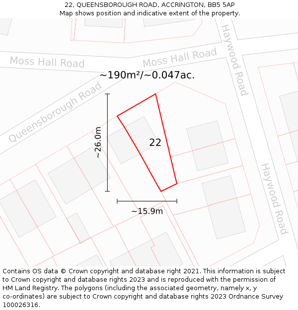 22, QUEENSBOROUGH ROAD, ACCRINGTON, BB5 5AP: Plot and title map