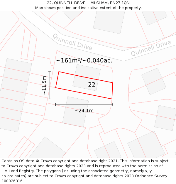 22, QUINNELL DRIVE, HAILSHAM, BN27 1QN: Plot and title map