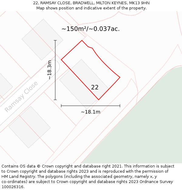22, RAMSAY CLOSE, BRADWELL, MILTON KEYNES, MK13 9HN: Plot and title map