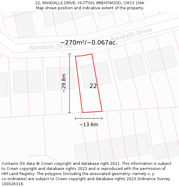 22, RANDALLS DRIVE, HUTTON, BRENTWOOD, CM13 1NW: Plot and title map
