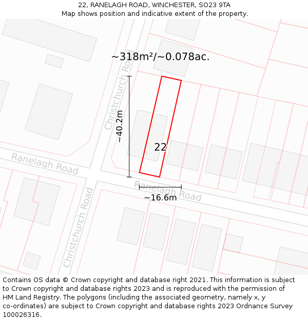22, RANELAGH ROAD, WINCHESTER, SO23 9TA: Plot and title map