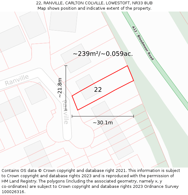 22, RANVILLE, CARLTON COLVILLE, LOWESTOFT, NR33 8UB: Plot and title map
