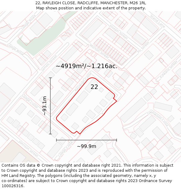 22, RAYLEIGH CLOSE, RADCLIFFE, MANCHESTER, M26 1RL: Plot and title map