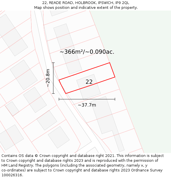 22, READE ROAD, HOLBROOK, IPSWICH, IP9 2QL: Plot and title map