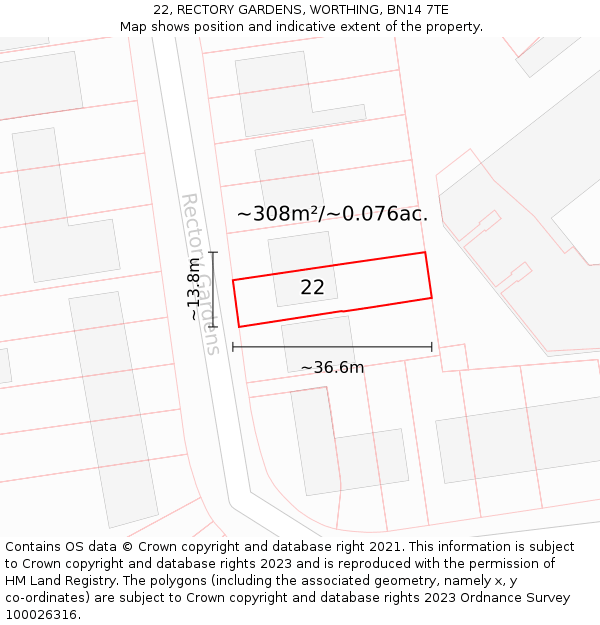 22, RECTORY GARDENS, WORTHING, BN14 7TE: Plot and title map