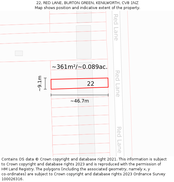 22, RED LANE, BURTON GREEN, KENILWORTH, CV8 1NZ: Plot and title map