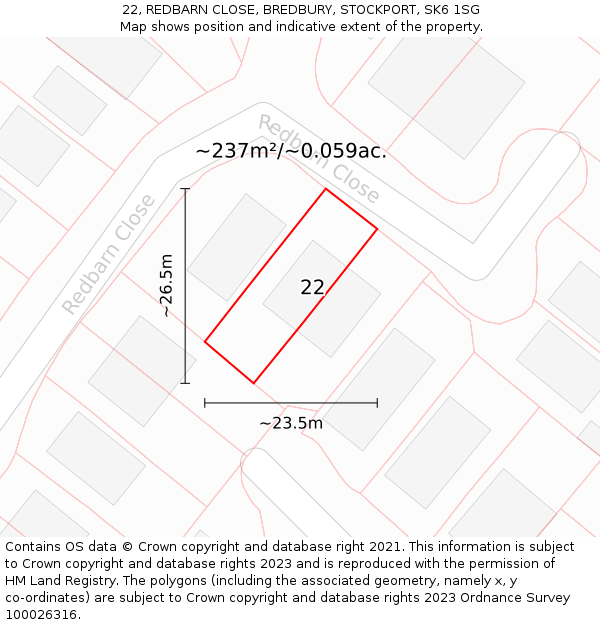 22, REDBARN CLOSE, BREDBURY, STOCKPORT, SK6 1SG: Plot and title map