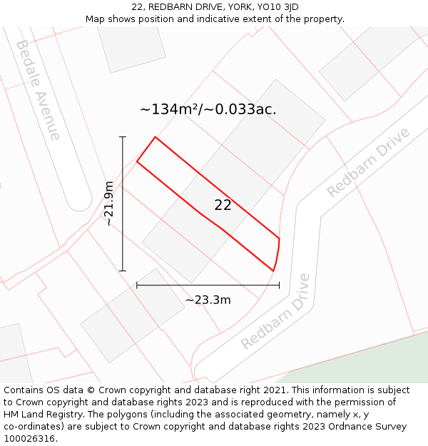 22, REDBARN DRIVE, YORK, YO10 3JD: Plot and title map