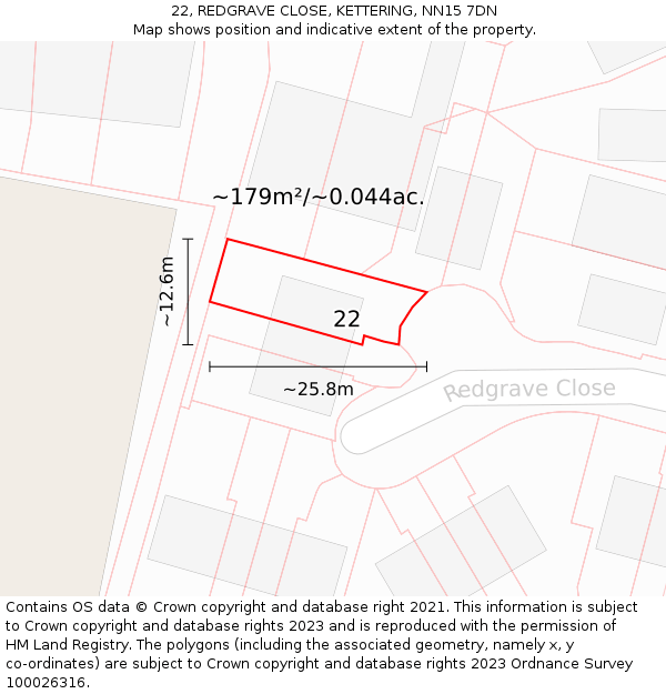 22, REDGRAVE CLOSE, KETTERING, NN15 7DN: Plot and title map