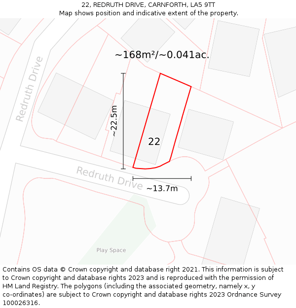 22, REDRUTH DRIVE, CARNFORTH, LA5 9TT: Plot and title map