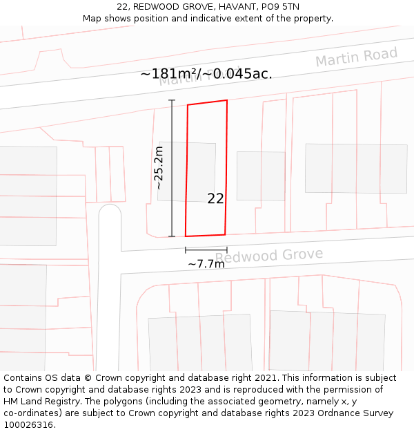 22, REDWOOD GROVE, HAVANT, PO9 5TN: Plot and title map