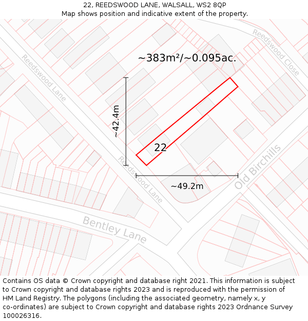 22, REEDSWOOD LANE, WALSALL, WS2 8QP: Plot and title map